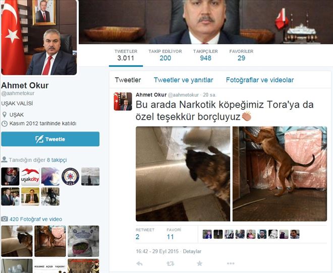 VALİ´DEN NARKOTİK KÖPEĞİNE TEŞEKKÜR TWEET´İ